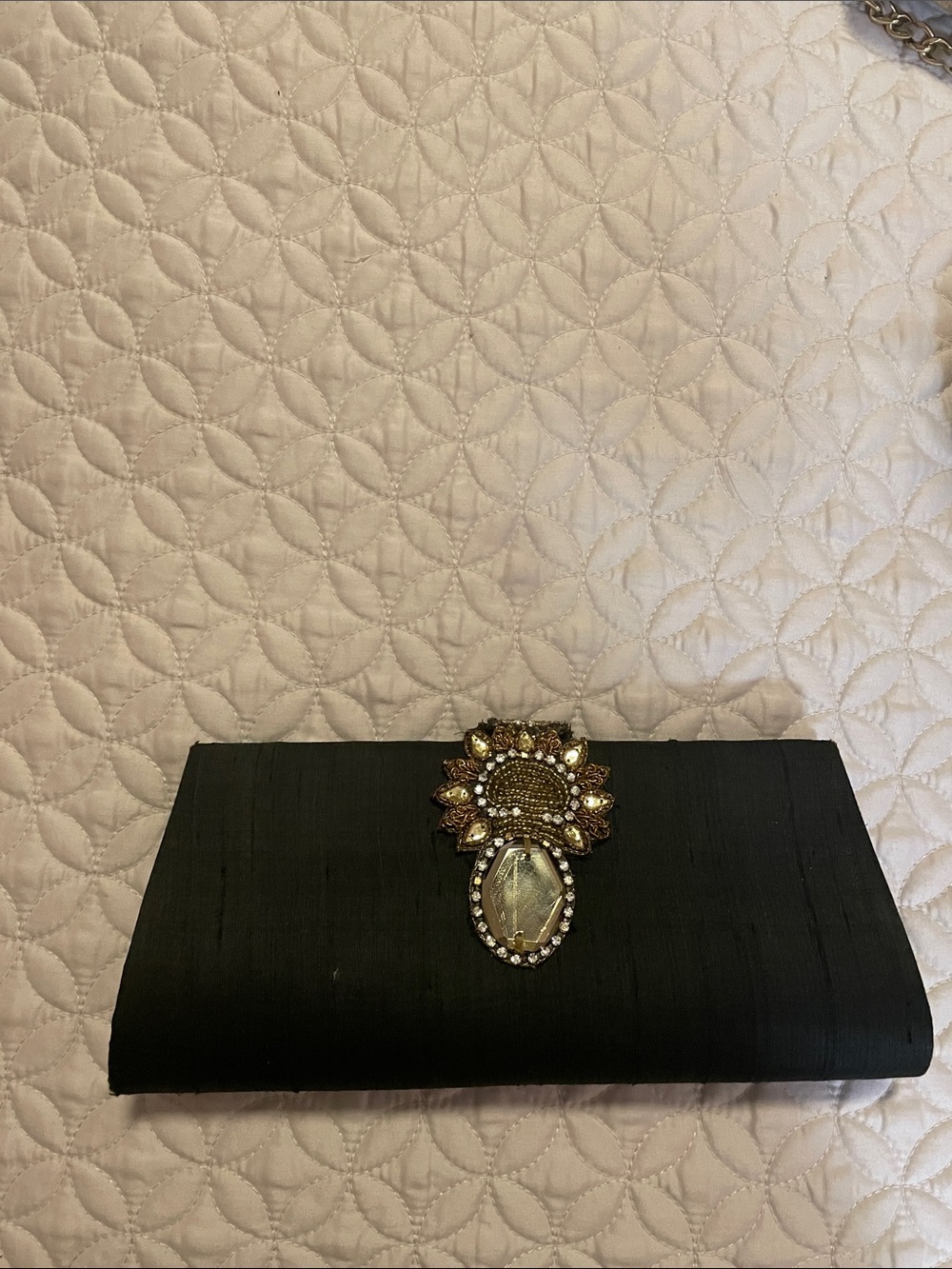 Source Unknown Black Evening Clutch with Gold Crystal Brooch